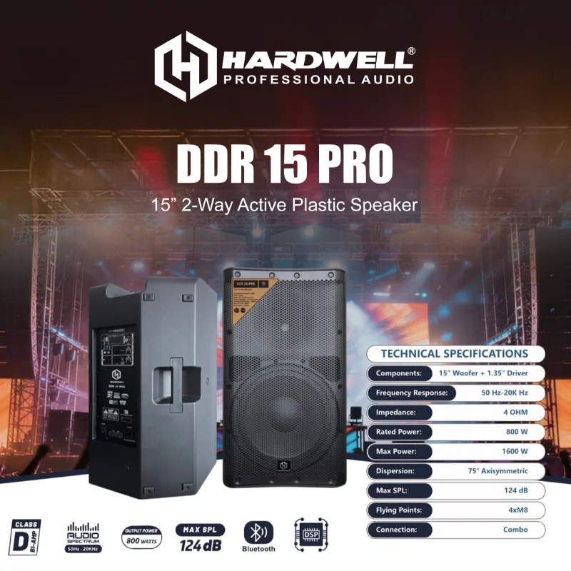 Technical specifications: Components: 15" Woofer + 1,35" driver Frequency response: 50Hz-20K Hz Impedance: 4 Ohm Rated power: 800 W Max power: 1600 W Dispersion: 75" axisymmetric Max SPL: 124 dB Flying points: 4xM8 Connection: combo