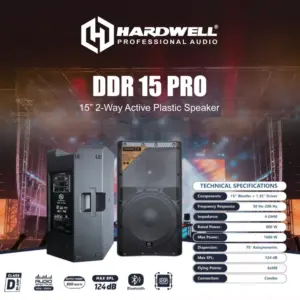 Technical specifications: Components: 15" Woofer + 1,35" driver Frequency response: 50Hz-20K Hz Impedance: 4 Ohm Rated power: 800 W Max power: 1600 W Dispersion: 75" axisymmetric Max SPL: 124 dB Flying points: 4xM8 Connection: combo